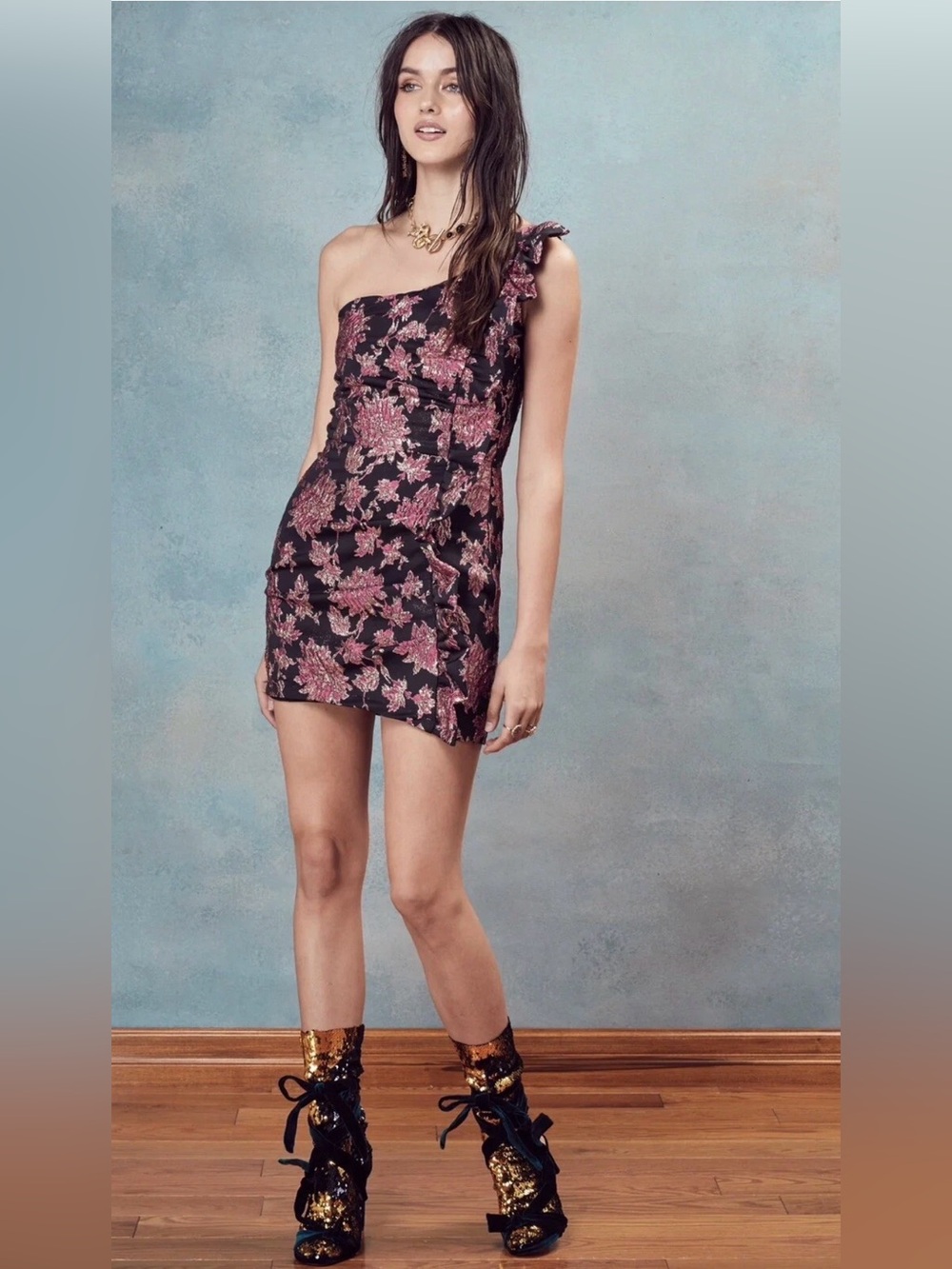 For Love & Lemons One-Shoulder Floral Jacquard Dress in Black and Dusty Rose